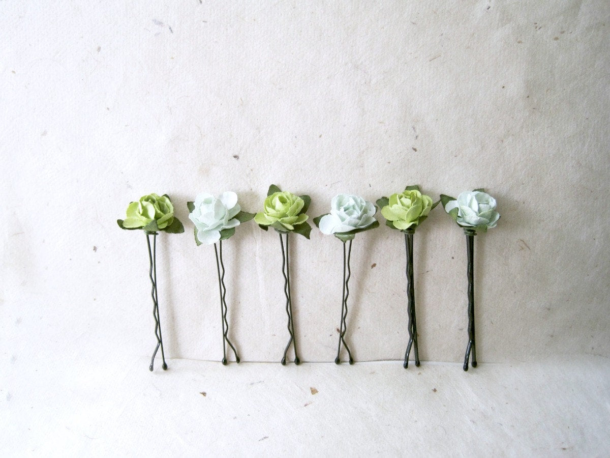 Rose Hair Pins, Olive and Mint, Green Bridesmaids, Paper Rose Bobby Pins, Flower Hair Accessories, Chartreuse Green, Rustic Wedding Hair MPR6