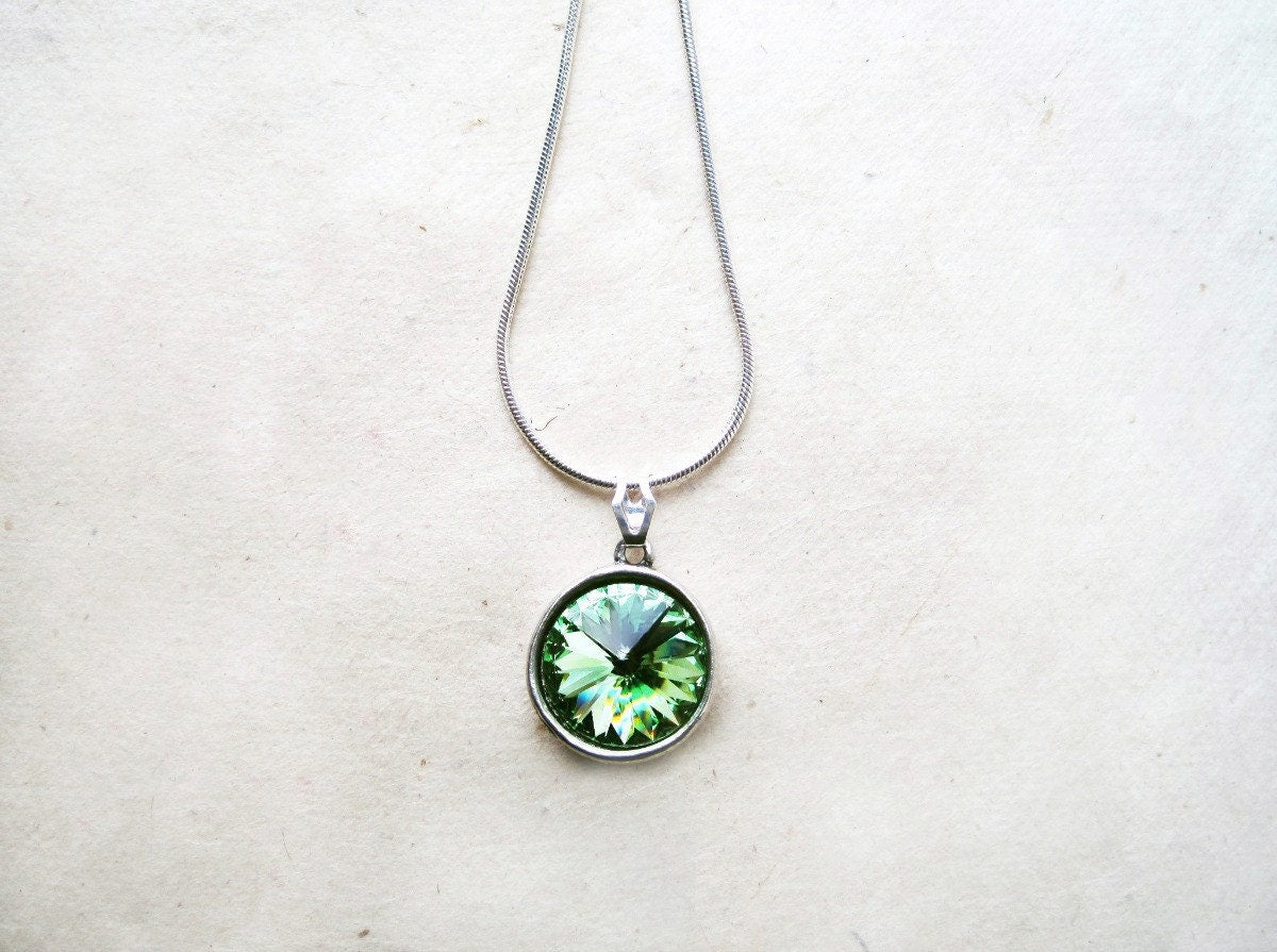 Peridot Drop Necklace, Swarovski Necklace, Light Green Crystal Pendant Necklace, August Birthstone Necklace, Silver Swarovski Rivoli