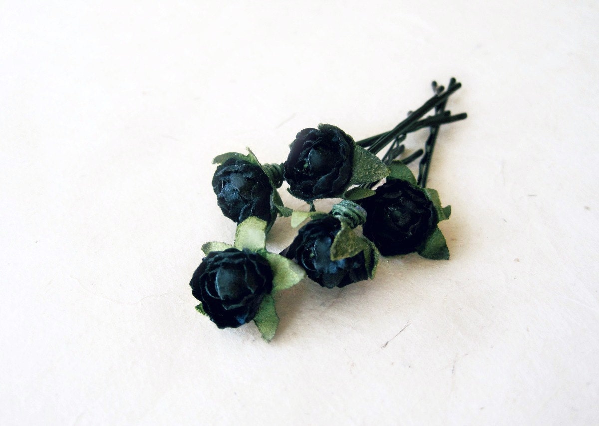 Black Rose Bobby Pins, Black Wedding Flower Hair Pins, Paper Hair Flowers, Jet Black Floral Hair Pin, Bridesmaid Hair Pin, Victorian Wedding MPR6