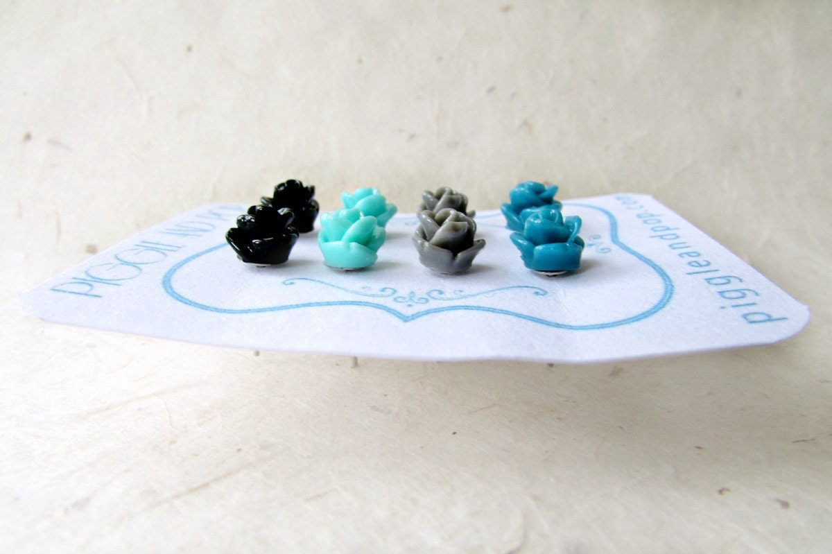 Rose Stud Earrings, Earring Studs Set, Black Mint Grey and Teal, Tiny Resin Earrings, Cute Flower Jewelry, Small Flower Earrings Gift Set fse4