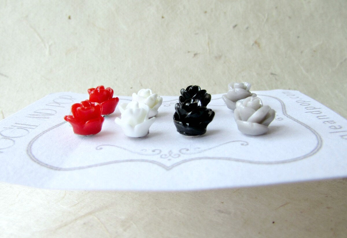 Tiny Rose Earrings Red, White, Grey and Black, Stud Earrings Set, Small Resin Flower Post Earrings, Surgical Steel Earrings, White Earring