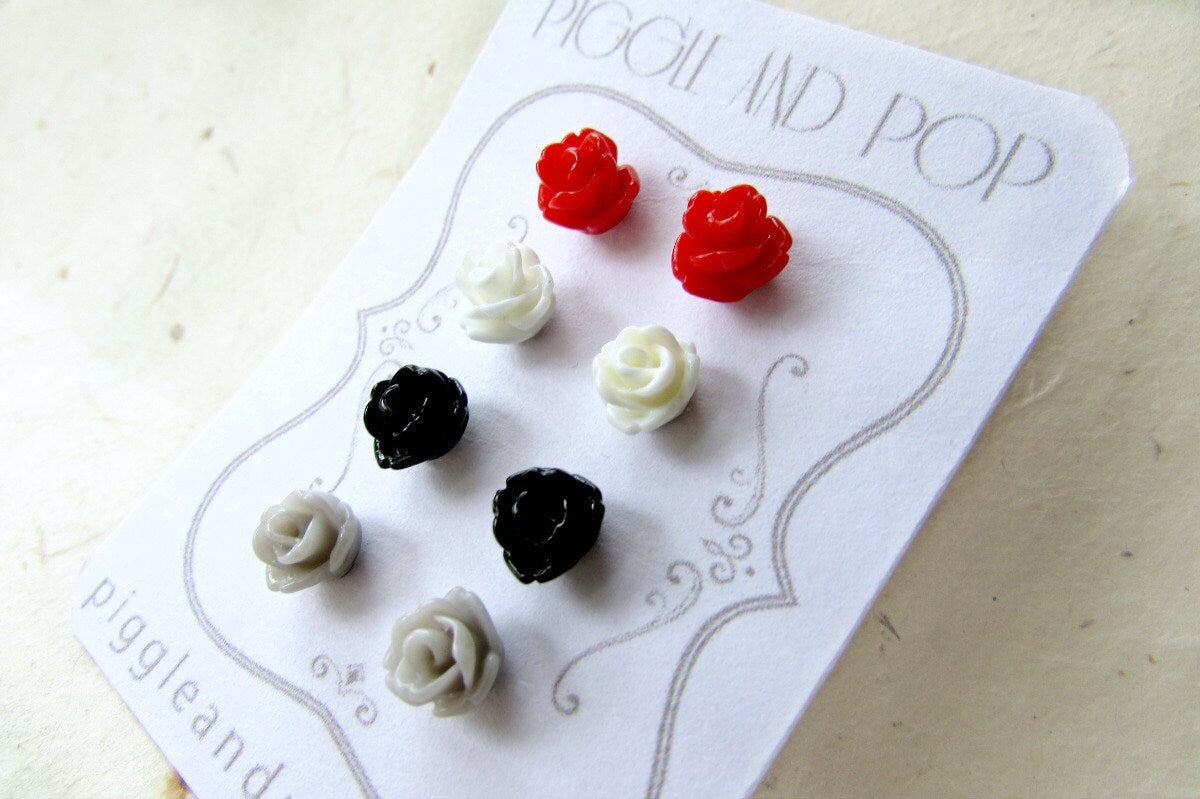 Tiny Rose Earrings Red, White, Grey and Black, Stud Earrings Set, Small Resin Flower Post Earrings, Surgical Steel Earrings, White Earring fse4