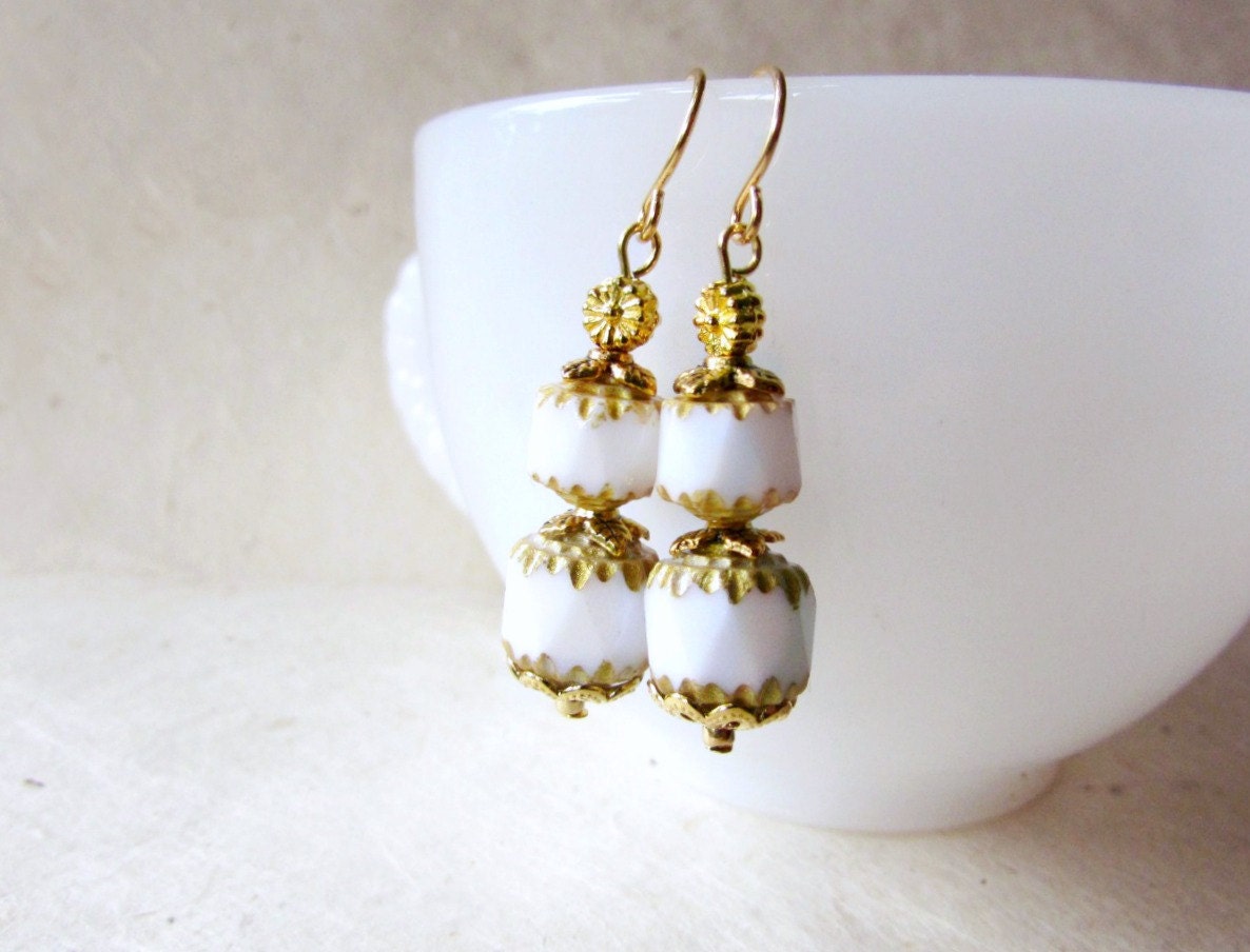 White and Gold Bridal Earrings, Cathedral Cut Opaque Czech Glass Beads w Metallic Gold Grecian Detailing, Romantic Classic Wedding Earrings