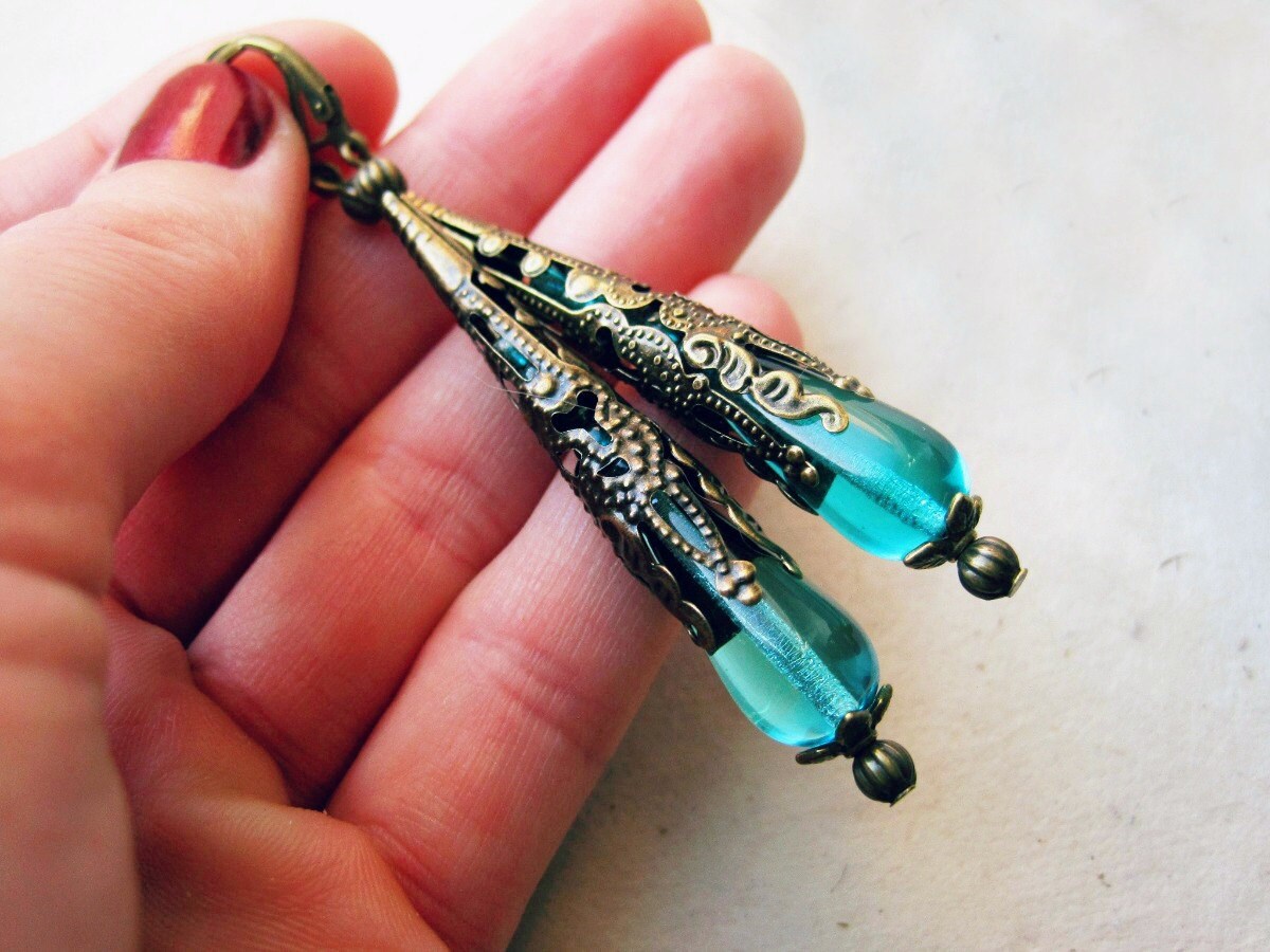 Teal Teardrop Earrings, Victorian Earrings, Bronze Filigree Cone Earring, Czech Glass Earrings, Aqua Mermaid Jewelry, Long Drop Earrings