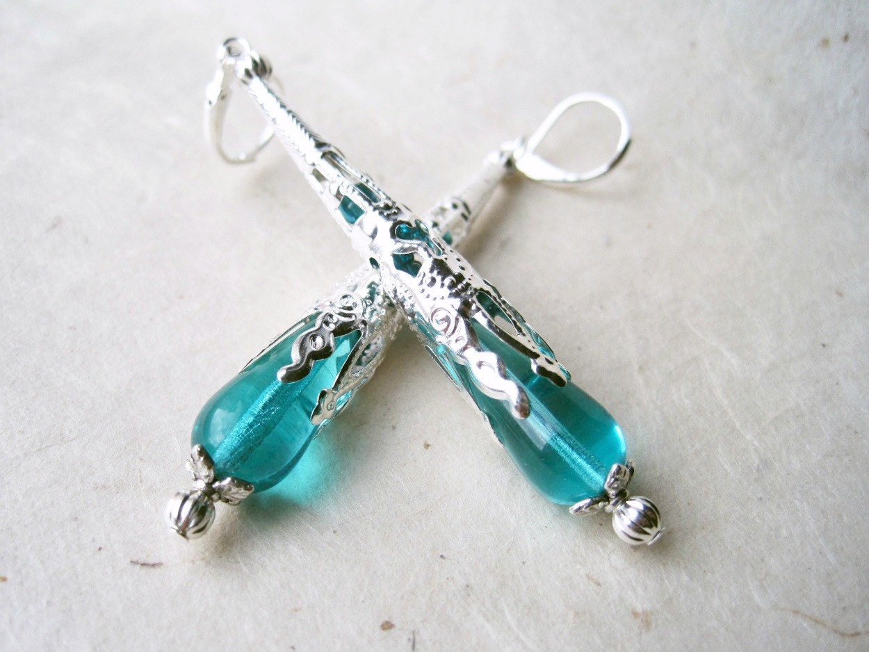 Silver and Aqua Elsa Frozen Inspired Victorian Earrings, Long Icy Aquamarine Teardrop Earrings with Ornate Silver Filigree Cones,