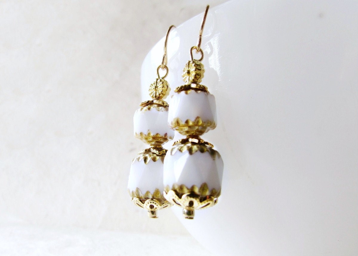 White and Gold Bridal Earrings, Cathedral Cut Opaque Czech Glass Beads w Metallic Gold Grecian Detailing, Romantic Classic Wedding Earrings