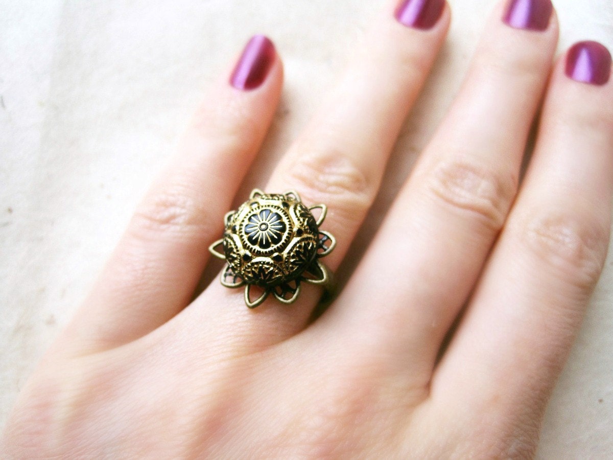 Black Mosaic Ring, Vintage Ring, Czech Glass Ring, Adjustable Ring, Antique Brass Filigree Ring, Vintage Black Ring Gold Etched Ring
