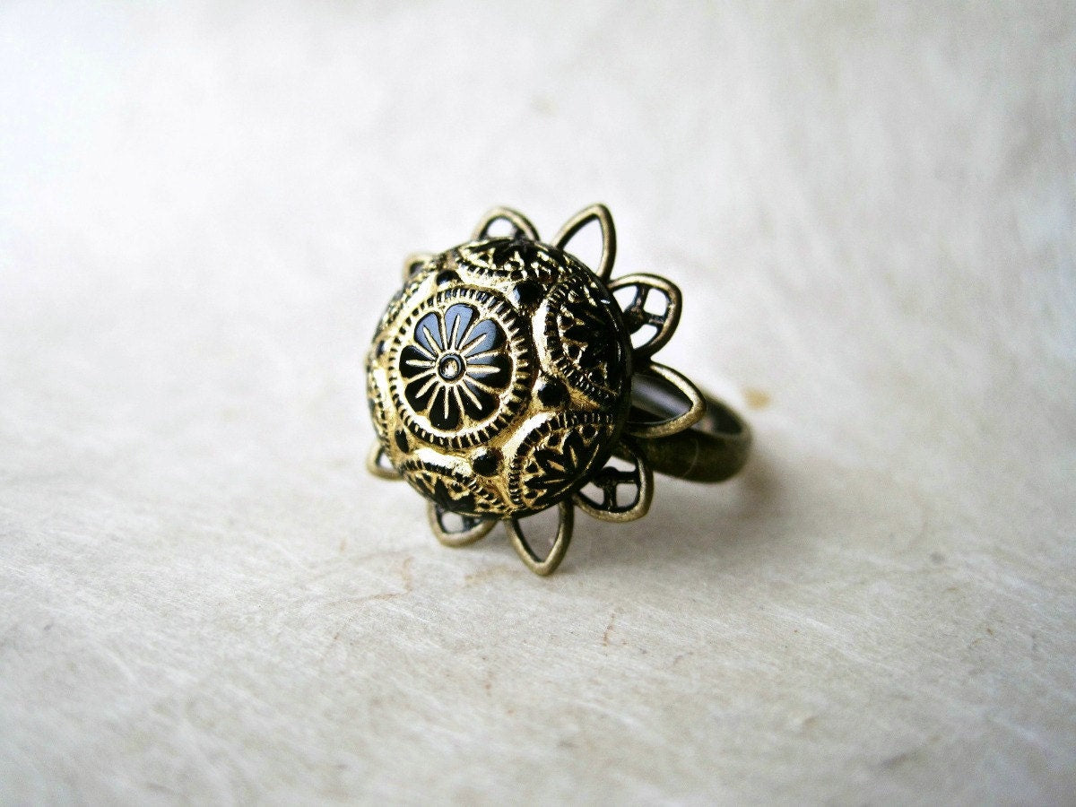 Black Mosaic Ring, Vintage Ring, Czech Glass Ring, Adjustable Ring, Antique Brass Filigree Ring, Vintage Black Ring Gold Etched Ring