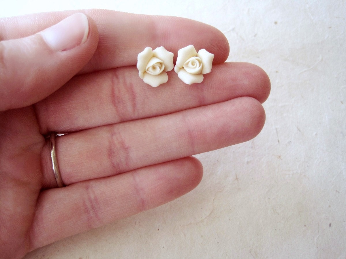 Ivory Rose Earrings, Porcelain Earrings, Bridal Post Earrings, Small Flower Earrings, Simple Bridal Jewelry, Ceramic Flower Earrings