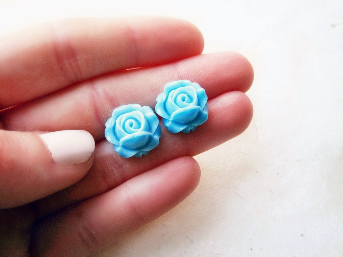 Blue Rose Earrings, Blue Cabochon Flower Posts Studs, Flower Stud Earring, Sky Blue Flower Studs, Floral Resin Hypoallergenic Surgical Steel