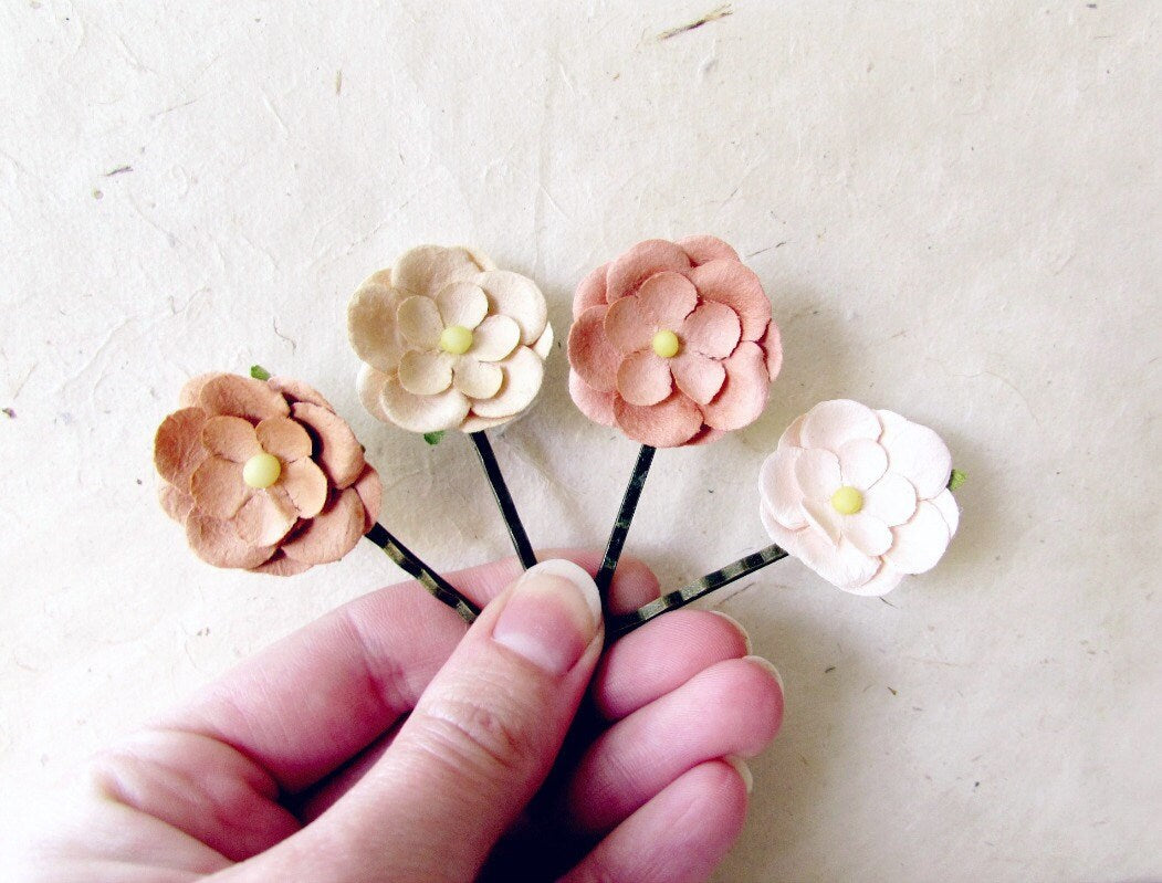 Blush Flower Hair Clips, Wedding Hair Pins, Paper Flower Bobby Pins, Ivory Daisy Hair Accessories, Rustic Wedding Hair Accents for Bride