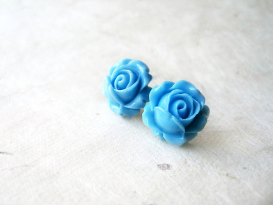Blue Rose Earrings, Blue Cabochon Flower Posts Studs, Flower Stud Earring, Sky Blue Flower Studs, Floral Resin Hypoallergenic Surgical Steel