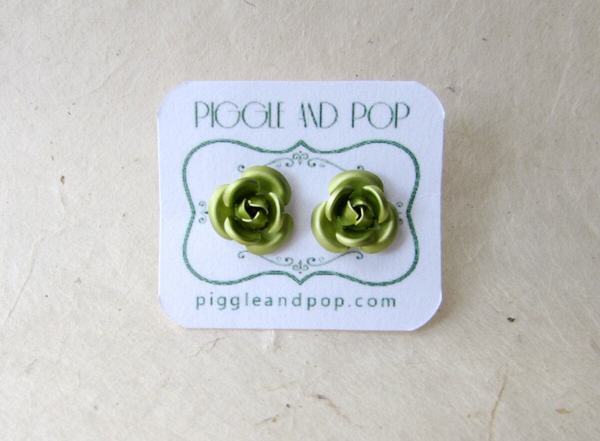 Green Rose Earrings, Rose Stud Earrings, Aluminum Rose Post Earrings, Unique Metallic Green Earrings, Sage Green Earrings, Metal Rose Studs