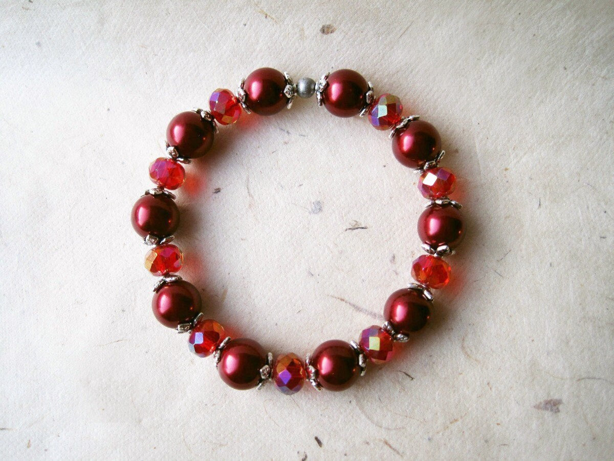 Red Pearl Bracelet, Cranberry Bridesmaids, Beaded Bracelet, Dark Garnet Red, Bridesmaid Jewellery, Vintage Inspired Elastic Stretch Bracelet