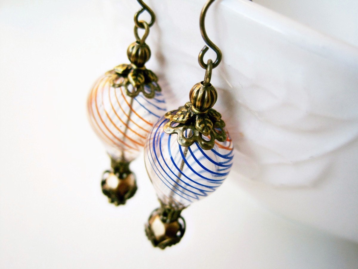 Hot Air Balloon Earrings, Red White and Blue, Patriotic Earrings, Hand Blown Glass Earrings, Striped Glass Beads, Americana Jewelry