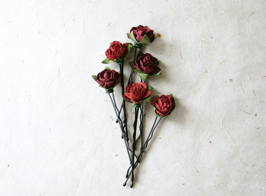 Flower Hair Pins, Red Rose Hair Pins, Paper Rose Bobby Pins, Floral Hair Accessories, Rustic Wedding Hair, Maroon Red Bridal Party, Ruby Red MPR6
