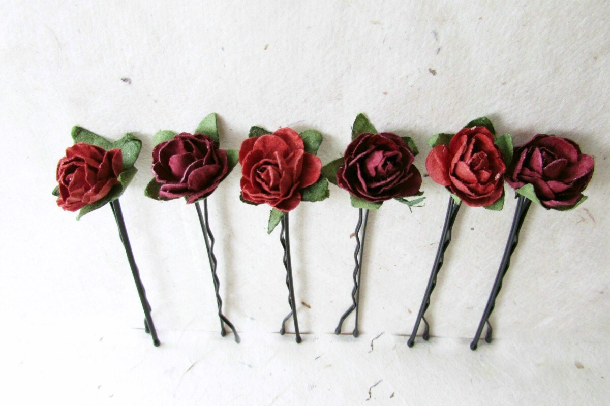 Flower Hair Pins, Red Rose Hair Pins, Paper Rose Bobby Pins, Floral Hair Accessories, Rustic Wedding Hair, Maroon Red Bridal Party, Ruby Red MPR6