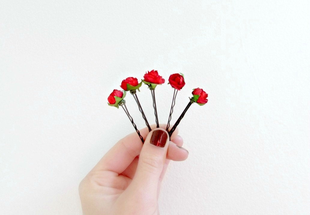 Red Rose Hair Pins, Paper Flower Bobby Pin Set, Cute Hair Clips, Rustic Wedding Hair Accessories, Handmade Paper Rose, Red Small Hair Pins MPR6