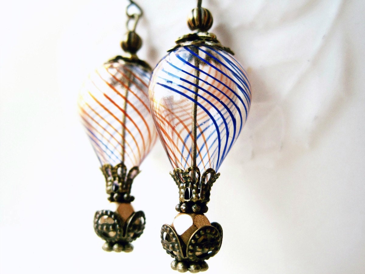 Hot Air Balloon Earrings, Red White and Blue, Patriotic Earrings, Hand Blown Glass Earrings, Striped Glass Beads, Americana Jewelry