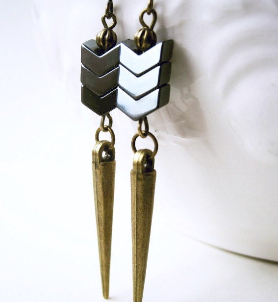 Chevron Hematite Earrings, Metallic Arrow Earrings, Antique Bronze Dagger Earrings, Geometric Jewelry. Grey Spike Earrings, Unique Jewelry