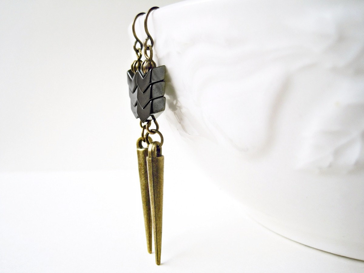 Chevron Hematite Earrings, Metallic Arrow Earrings, Antique Bronze Dagger Earrings, Geometric Jewelry. Grey Spike Earrings, Unique Jewelry