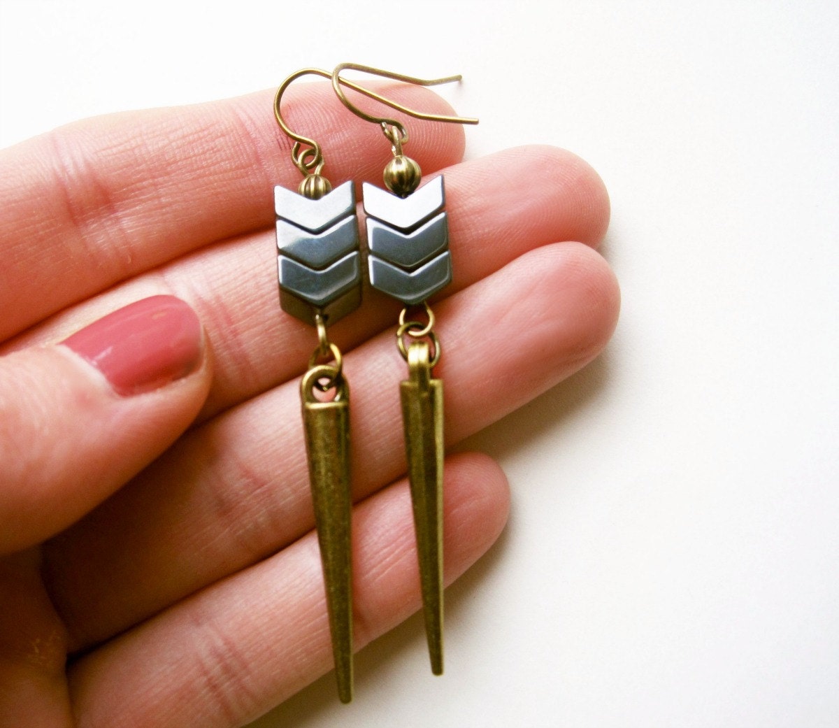 Chevron Hematite Earrings, Metallic Arrow Earrings, Antique Bronze Dagger Earrings, Geometric Jewelry. Grey Spike Earrings, Unique Jewelry