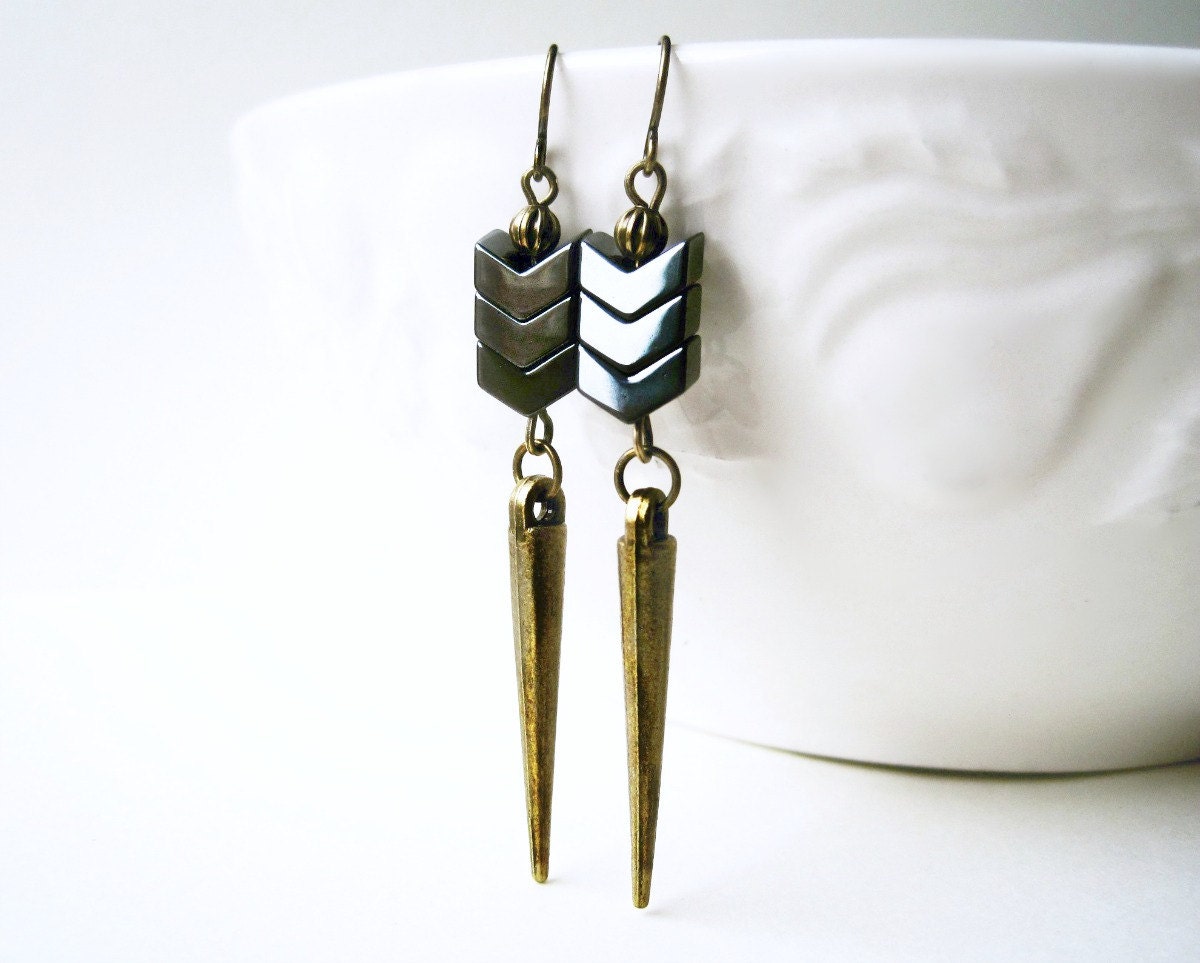 Chevron Hematite Earrings, Metallic Arrow Earrings, Antique Bronze Dagger Earrings, Geometric Jewelry. Grey Spike Earrings, Unique Jewelry