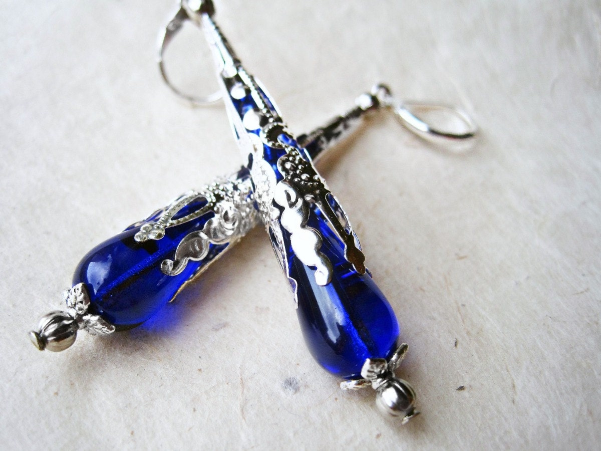 Blue Teardrop Earrings, Cobalt Blue Earrings, Czech Glass Earrings Silver Filigree Cones, Royal Blue Beaded Earrings, Long Blue Earrings
