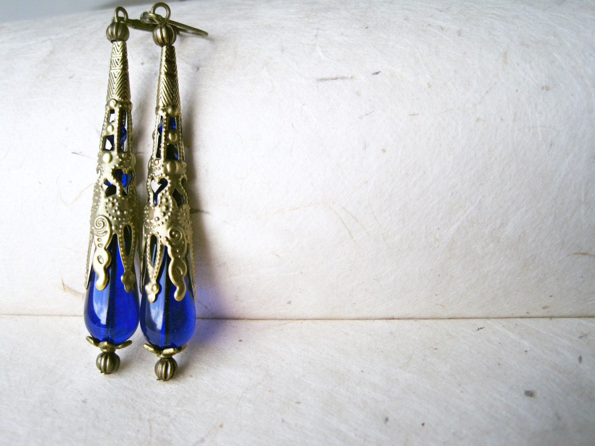 Blue Teardrop Earrings, Cobalt Blue Earrings, Czech Glass Earrings Silver Filigree Cones, Royal Blue Beaded Earrings, Long Blue Earrings