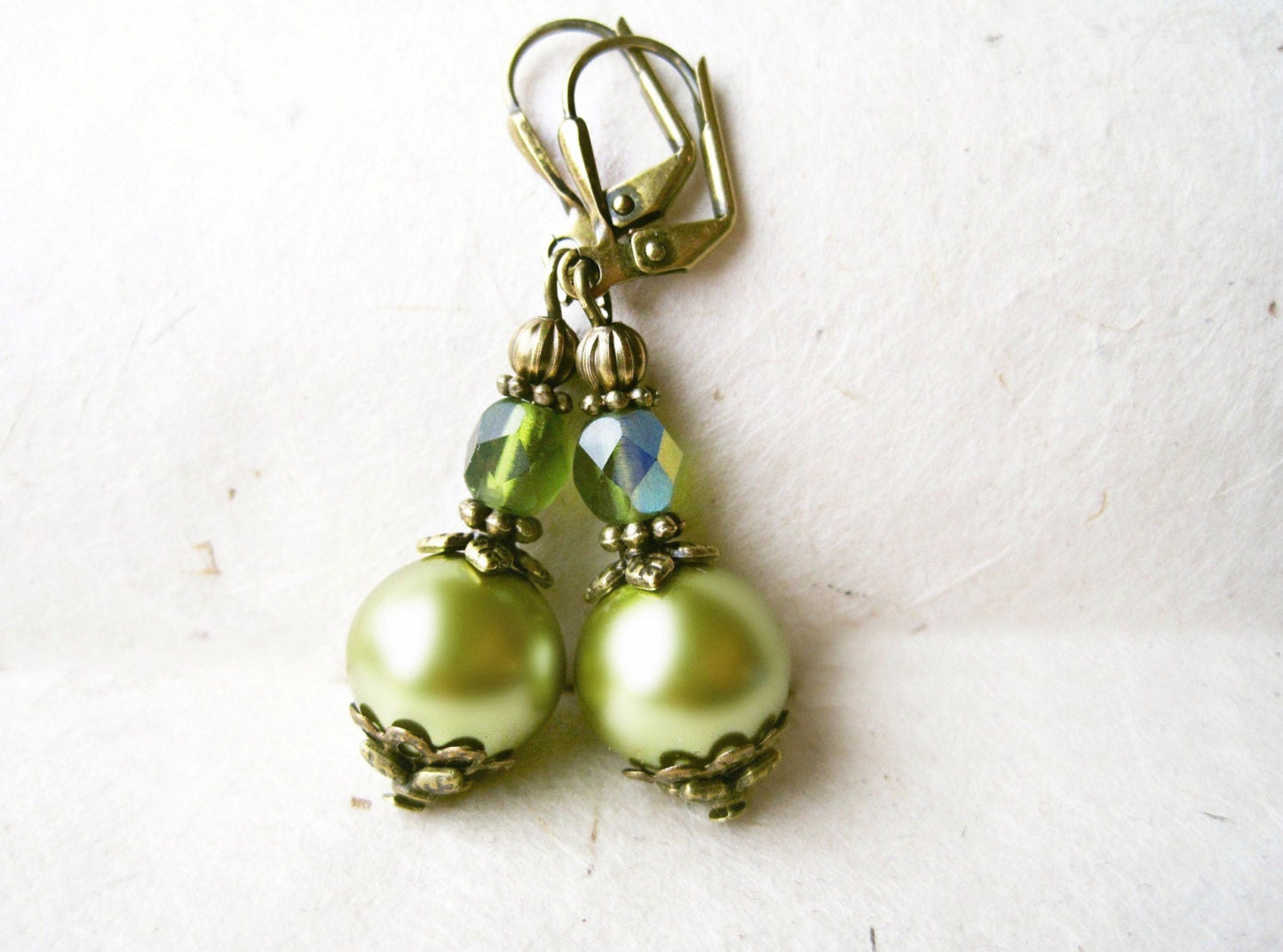 Olive Pearl Earrings, Green Earrings, Victorian Earrings, Romantic Jewelry, Sage Green Pearls, Bronze Earrings, Downton Abbey Jewelry