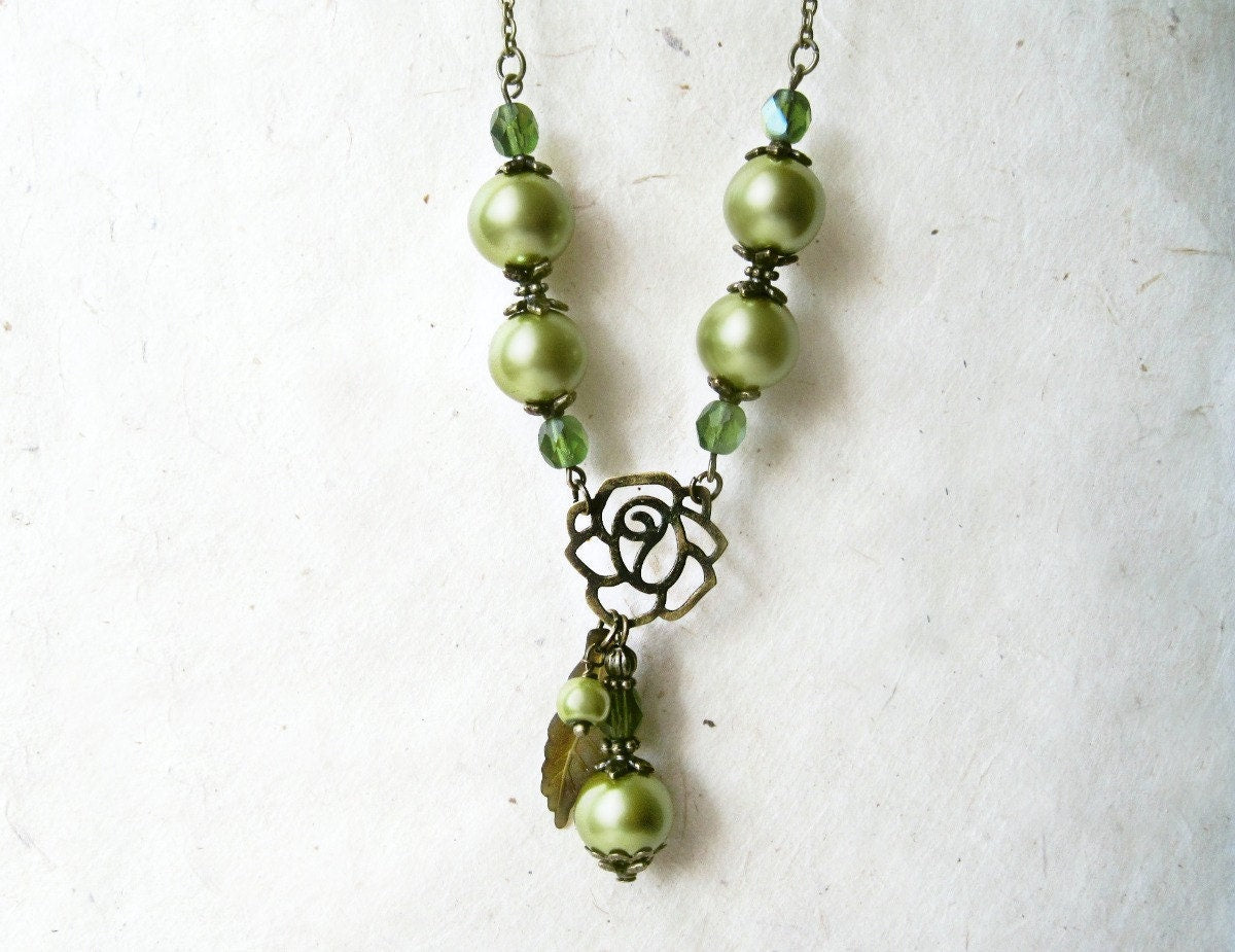 Olive Pearl Earrings, Green Earrings, Victorian Earrings, Romantic Jewelry, Sage Green Pearls, Bronze Earrings, Downton Abbey Jewelry
