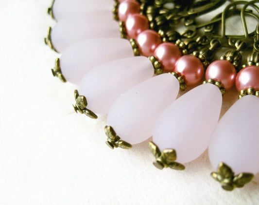 Pink Sea Glass Teardrop Earrings, Blush Pink Earrings, Small Beaded Earrings, Baby Pink Drop Earrings, Rose Pink Pearls, Victorian Earrings