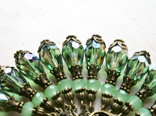 Green Drop Earrings, Victorian Earrings, Crystal Teardrop Earring, Peridot Earrings, Short Dangles, Jade Green and Bronze Filigree Earrings