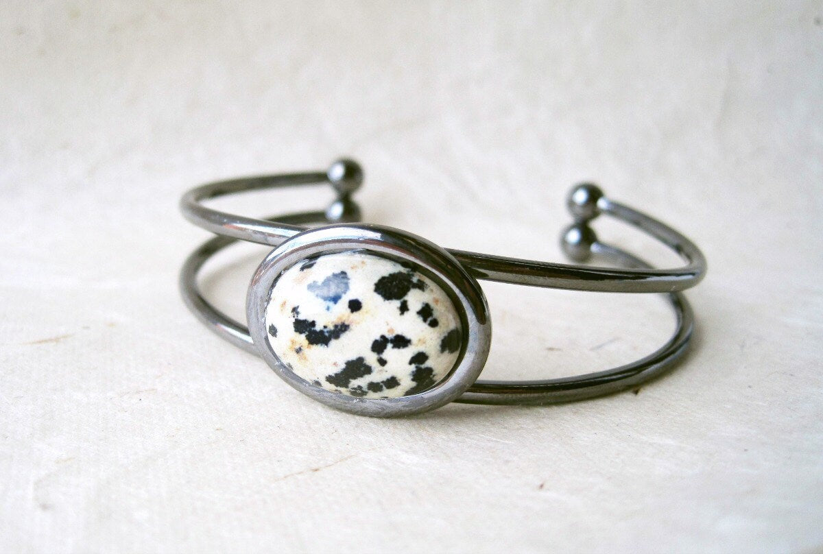 Gemstone Cuff Bracelet with Dalmatian Jasper. Gunmetal Silver Cuff Bracelet. Natural Bangle Bracelet with Cream, White and Black Stone.