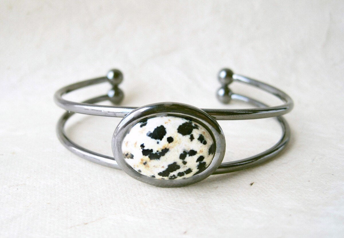 Gemstone Cuff Bracelet with Dalmatian Jasper. Gunmetal Silver Cuff Bracelet. Natural Bangle Bracelet with Cream, White and Black Stone.