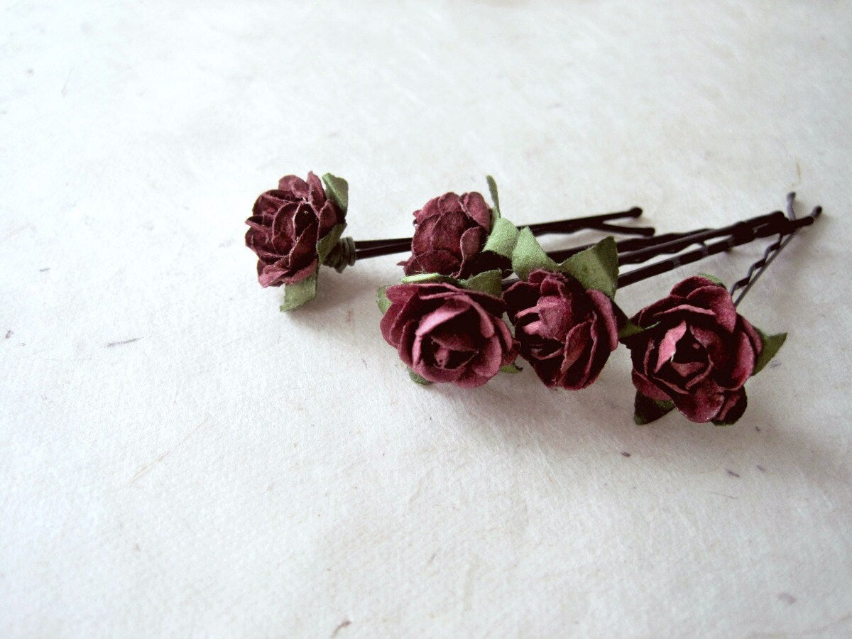 Rose Hair Pins, Paper Flower Bobby Pins, Deep Eggplant Burgundy, Rustic Hair Pins, Woodland Wedding, Floral Autumn Fall Hair Flowers MPR6