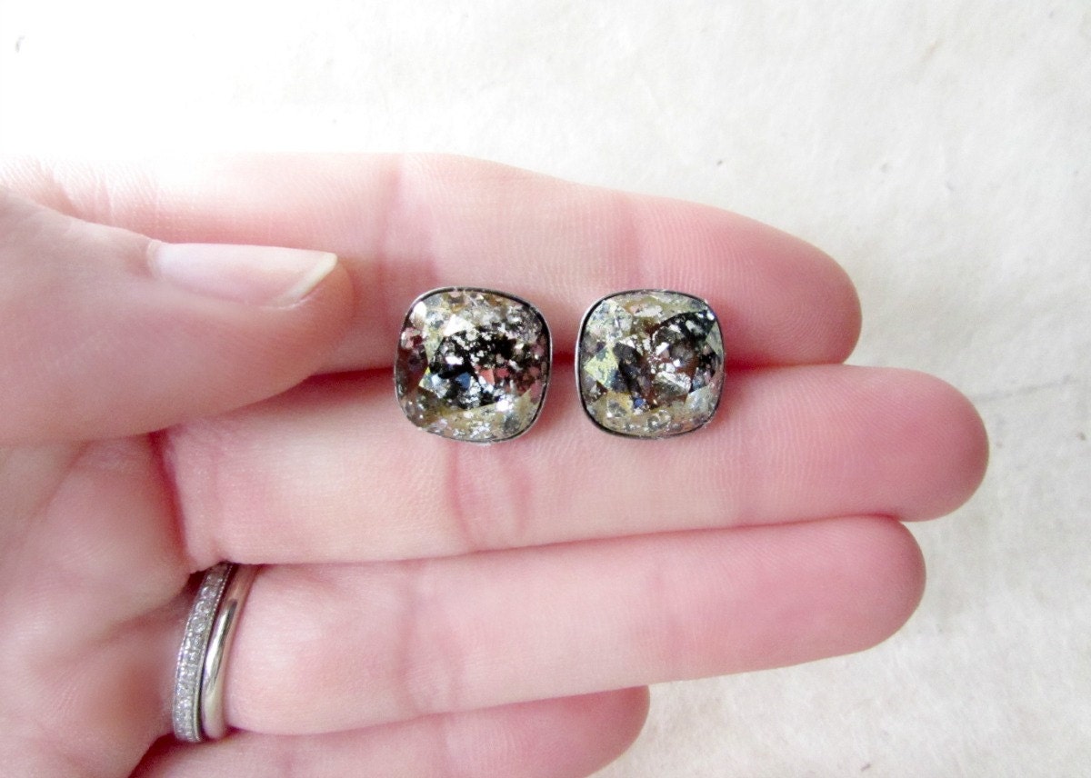 Swarovski Crystal Earrings, Large Square Rhinestone Cushion Cut Faceted Statement Earrings, Sparkling Patina Cocktail Stud Earrings