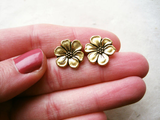 Gold Flower Earrings, Apple Blossom Post Earrings. Metallic Gold Plated Earrings. Floral Gold Stud Earrings. Women's Romantic Post Earrings.