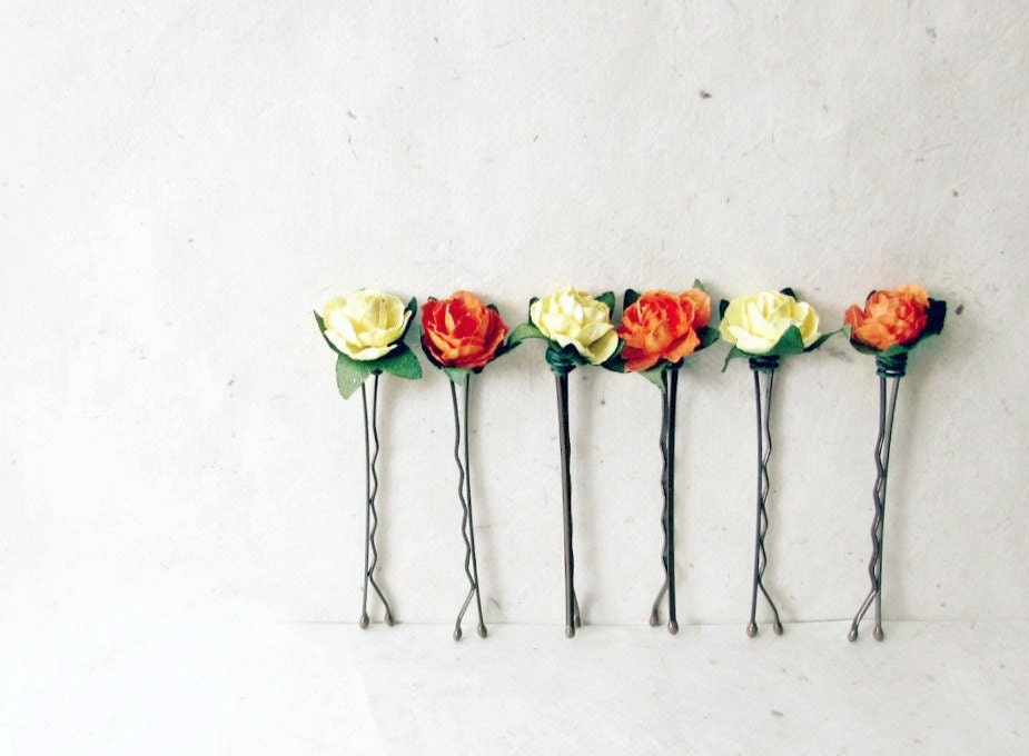 Rose Bobby Pin Set, Orange and Yellow, Floral Hair Pins, Flower Hair Accessories, Paper Hair Flowers, Bridesmaid Gifts, Summer Wedding Hair MPR6