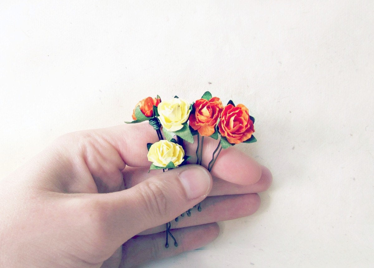 Rose Bobby Pin Set, Orange and Yellow, Floral Hair Pins, Flower Hair Accessories, Paper Hair Flowers, Bridesmaid Gifts, Summer Wedding Hair MPR6