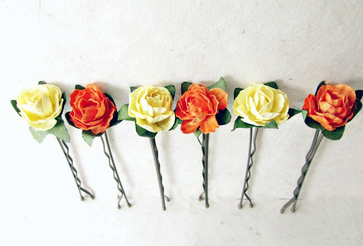 Rose Bobby Pin Set, Orange and Yellow, Floral Hair Pins, Flower Hair Accessories, Paper Hair Flowers, Bridesmaid Gifts, Summer Wedding Hair MPR6