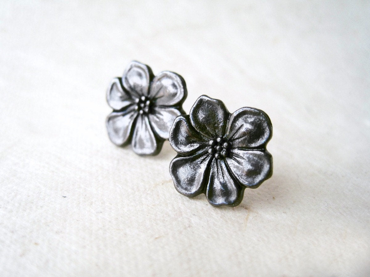 Black Flower Earrings, Gunmetal Earrings, Apple Blossom Earring, Dark Metallic Floral Stud Earring, Big Button Earrings, Surgical Steel Stud