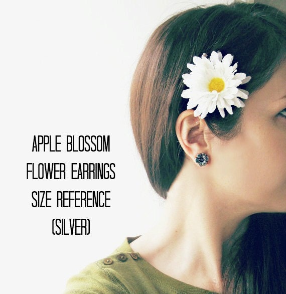 Black Flower Earrings, Gunmetal Earrings, Apple Blossom Earring, Dark Metallic Floral Stud Earring, Big Button Earrings, Surgical Steel Stud