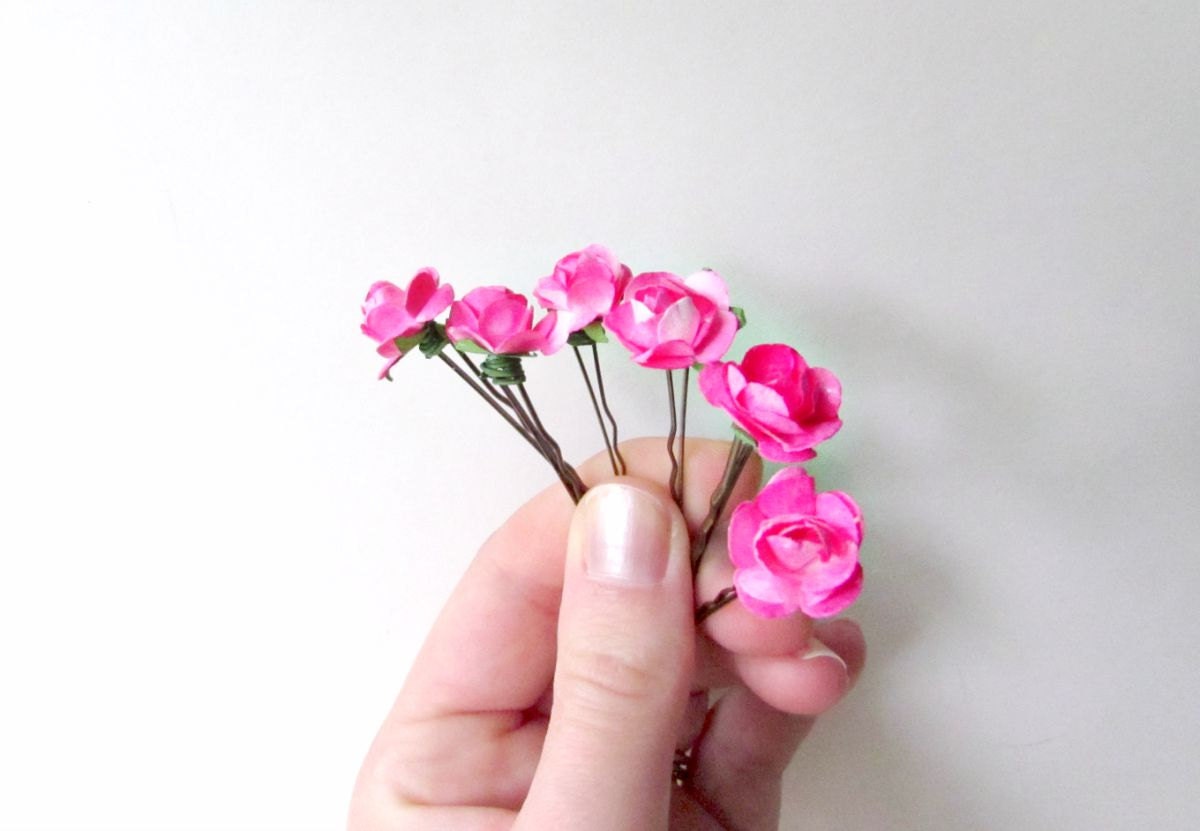Rose Hair Pins, Hot Pink Hair Clips, Paper Rose Bobby MPR6Pins, Bright Pink Flower Hair Pins, Small Hair Flowers, Fuschia Bridesmaids Hair Pins