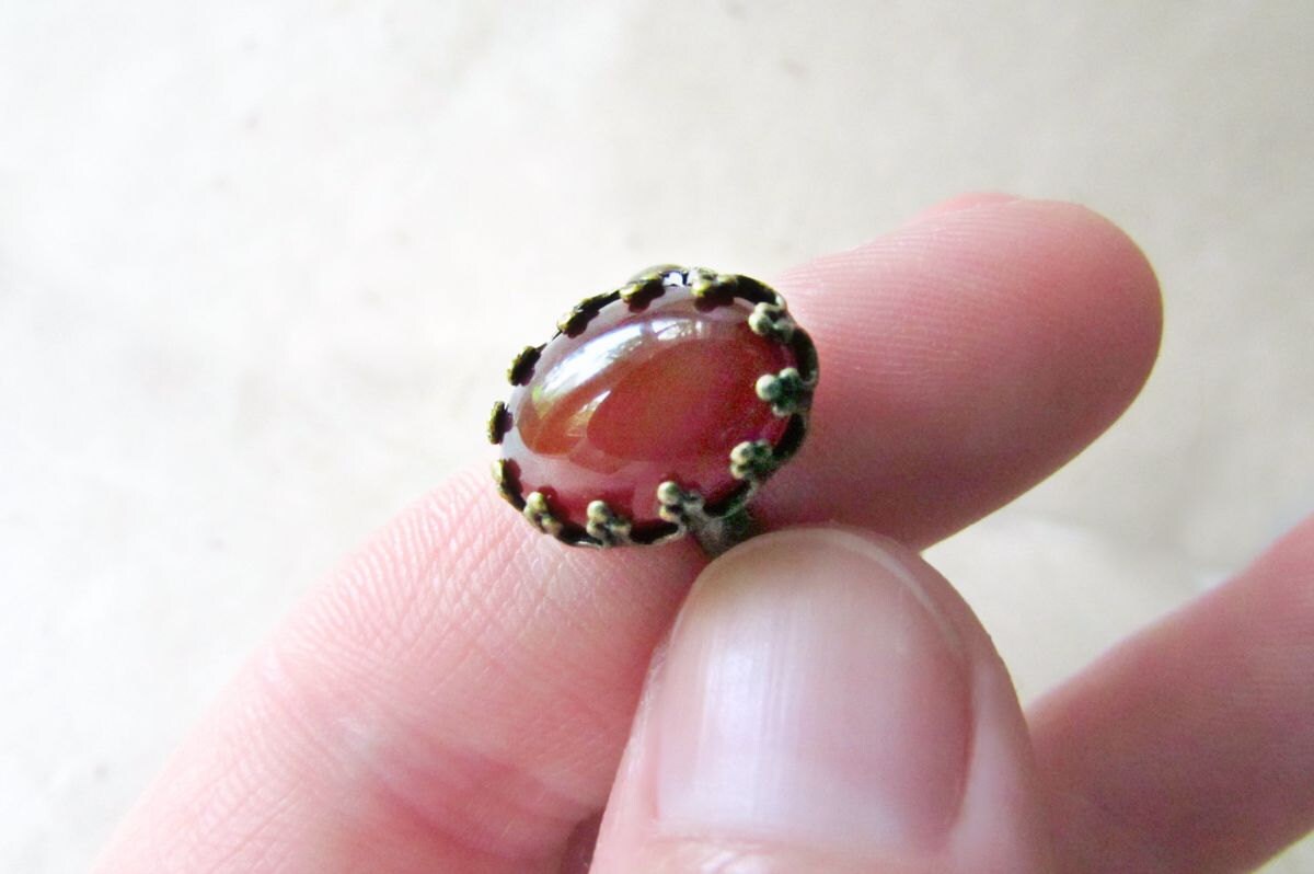 Red Carnelian Ring, Natural Gemstone Ring, Chakra Stone Ring, Crystal Healing Jewelry, Small Cameo Ring, Calcedony Ring,Antique Bronze Bezel