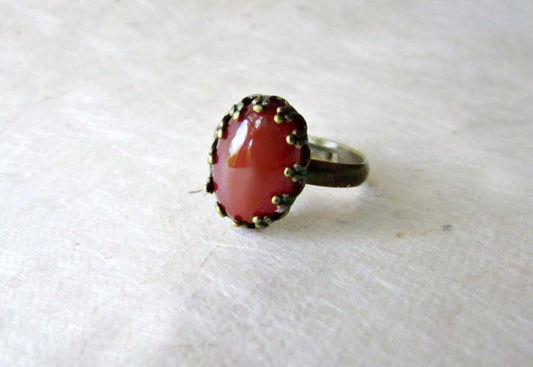 Red Carnelian Ring, Natural Gemstone Ring, Chakra Stone Ring, Crystal Healing Jewelry, Small Cameo Ring, Calcedony Ring,Antique Bronze Bezel