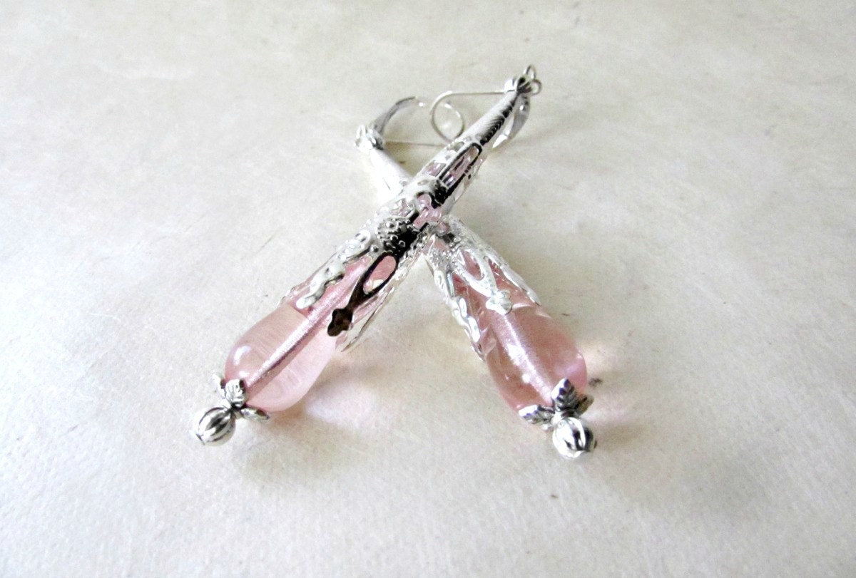 Pink Teardrop Earrings, Light Blush Pink, Czech Glass Earrings, Silver Filigree Cone, Handmade Earrings, Victorian Inspired, Pink Wedding