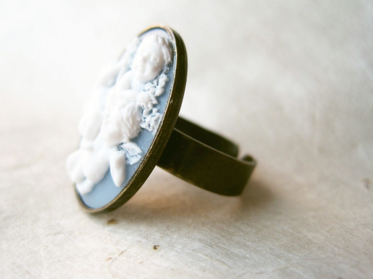Cherub Cameo Ring, Vintage Style Ring, Blue and White Victorian Ring, Angel Ring, Statement Ring, Adjustable Bronze Ring, Love Jewelry