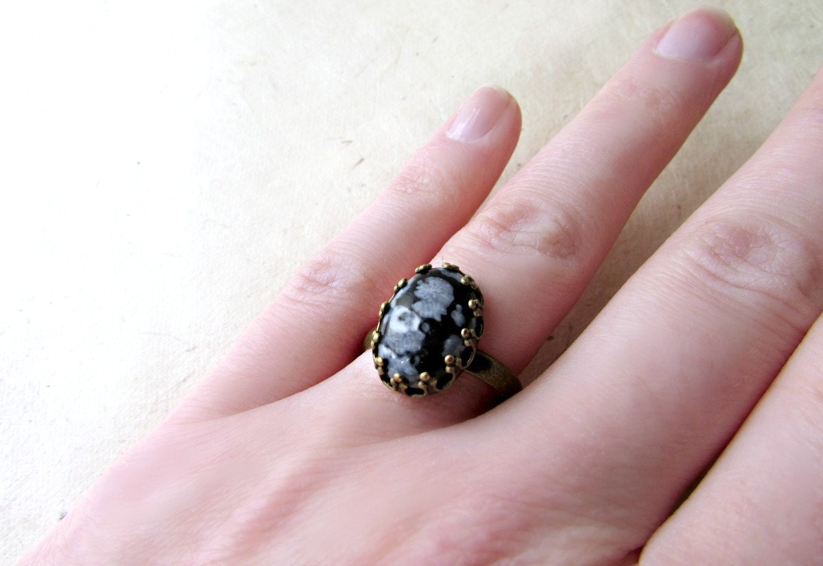 Snowflake Obsidian Ring, Black Stone Ring, Antique Bronze Ring, Oval Bezel Setting, Volcanic Glass Jewelry, Natural Healing Crystal Ring