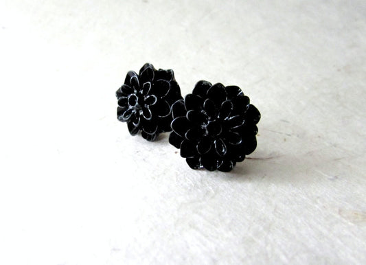 Black Flower Studs, Black Dahlia Earrings, Cute Flower Earrings, Black Flower Earring, Resin Earring, Bridesmaid Jewelry, Large Stud Earring FSE1C